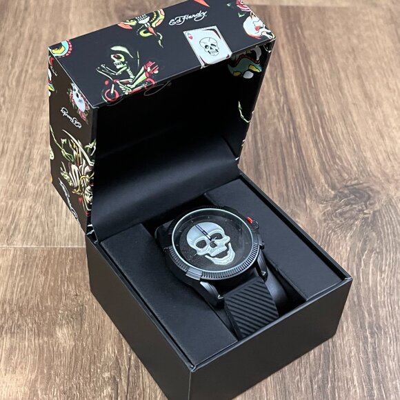 NEW Ed Hardy Silver Black 3D Skull Mens Watch